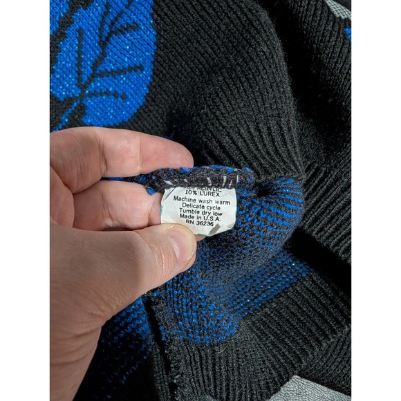Arielle Women's VTG 80s 90s Blue Black Leaf Print Metallic Lurex Knit Sweater - Picture 8 of 8